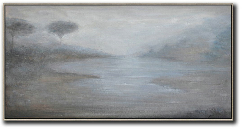 Panoramic Abstract Landscape Painting,Large Oil Canvas Art Grey,White,Black
